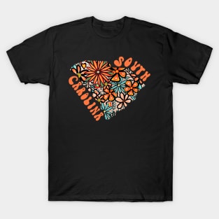 South Carolina State Design | Artist Designed Illustration Featuring South Carolina State Filled With Retro Flowers with Retro Hand-Lettering T-Shirt